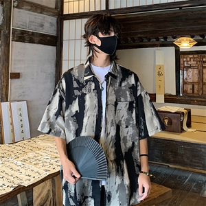 特批P25无差价25夏季风水墨画垂感冰丝休闲潮流短袖衬衫男CD894图片