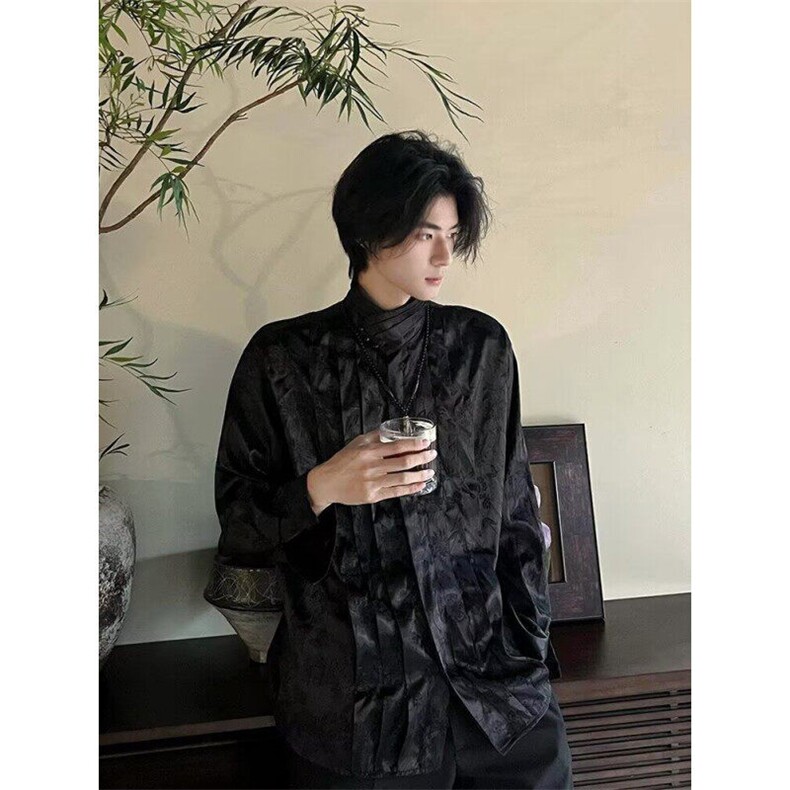 春秋改良中式缎面提花复古长袖衬衣男女珍珠扣立领小众个性衬衫男,男装衬衫,星座506A