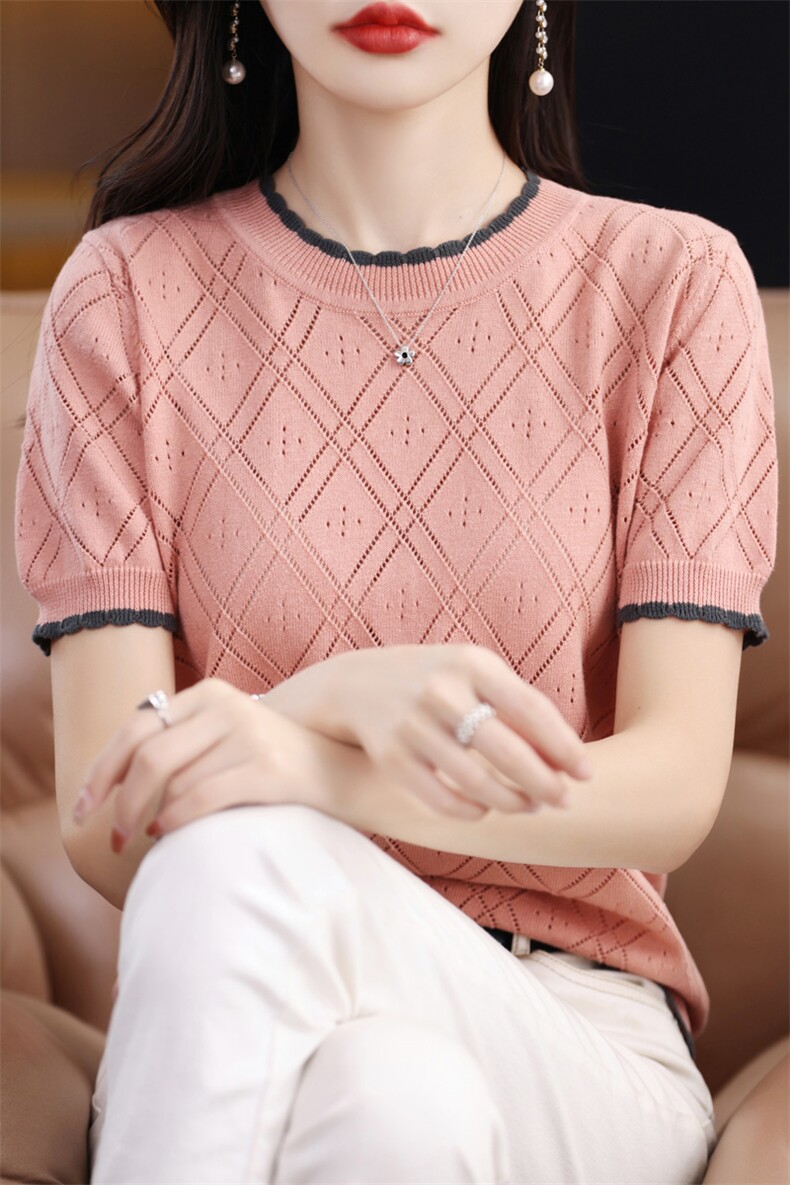2025新款针织短袖女法式镂空拼色圆领T恤宽松气质纯棉打底衫上衣,女装T恤,彩羽羊绒