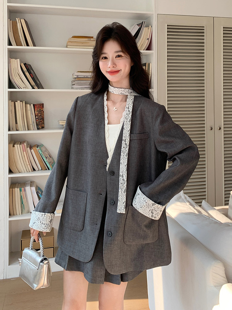 小香风灰色蕾丝拼接西装套装裙女春秋2025新款两件套独特绝气,女装套装/套裙,浙宝192（原082）