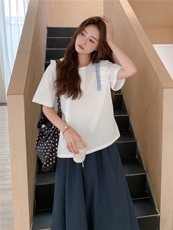 法式复古半身裙女2025夏季宽松气质简约松紧腰长裙花边上衣两件套，女装套装/套裙，慧尚依恋