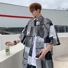 新款拼接条纹翻领短袖衬衫夏季拼色复古宽松衬衣男CA603，男装衬衫，星座1116A-1（原606A）