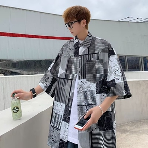 新款拼接条纹翻领短袖衬衫夏季拼色复古宽松衬衣男 CA603图片