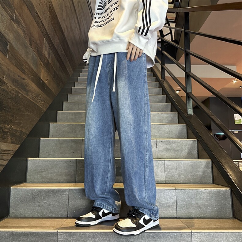 松紧腰美式高街直筒宽松牛仔裤男女水洗拼接休闲潮流系绳裤子图片