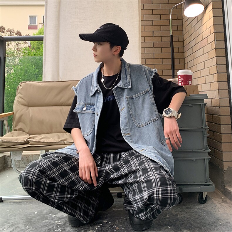 牛仔马甲高级感炸街日系叠穿秋季毛边外套美式机能风无袖802-p50，男装背心/马甲，星座1008-1