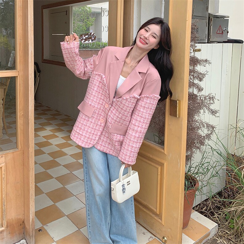 高级感粉色小个子西装外套女春秋2025新款韩版小香风拼接休闲西服，女装西装，天使之佳话