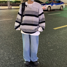 美式复古嘻哈字母拼色圆领男潮牌宽松情侣休闲打底衫，男装针织衫/毛衣，星座716-4