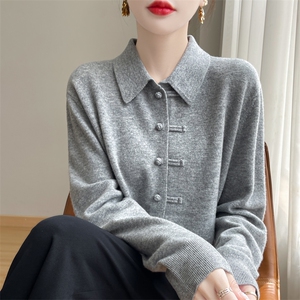 新中式国风polo翻领复古盘扣100%羊绒开衫女宽松衬衣针织外套上衣图片