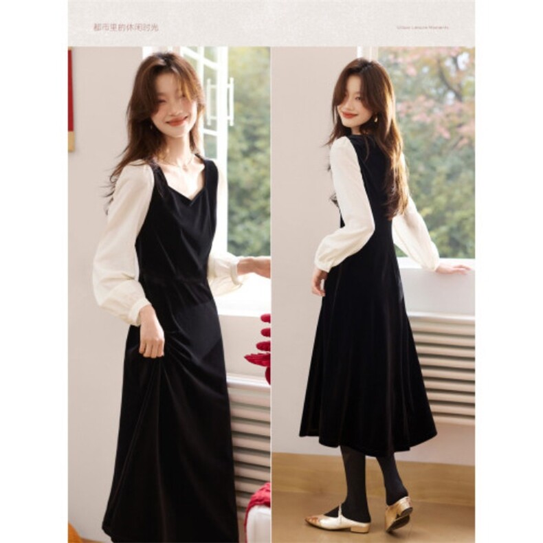 2025春新优雅小黑裙丝绒拼接伞摆连衣裙新年系列年会礼服,女装连衣裙,梦白服饰厂