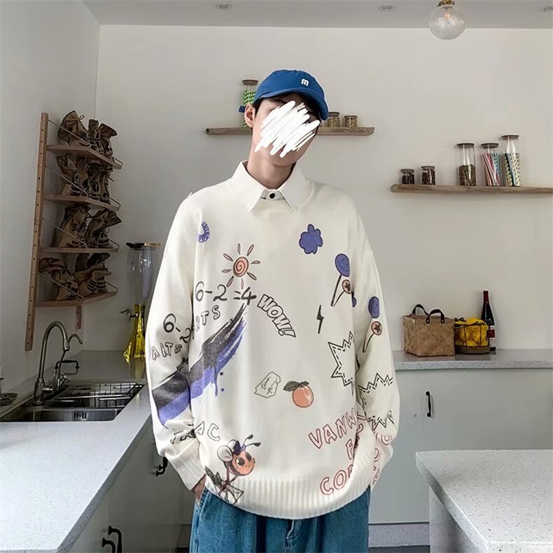 卡通印花毛衣春秋季ins港风宽松情侣针织衫毛线衣W1531-P45,男装针织衫/毛衣,星座512-2