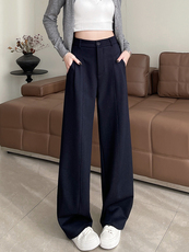 防褪色丹宁蓝直筒牛仔裤春季小个子原色宽松显瘦窄版阔腿裤，女装休闲裤，云美莎专业女裤-全店现货