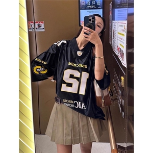 夏季新款设计感小众美式复古印花宽松短袖球衣T恤街头运动休闲T恤