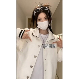 美式复古潮牌拼皮夹克外套女春秋款新款宽松翻领休闲棒球服图片