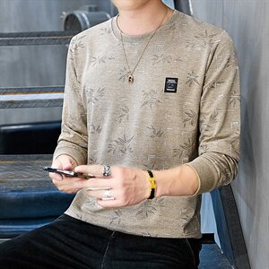 秋季长袖男彩棉薄款小叶卫衣男t恤男时尚印花圆领套头卡其9613图片
