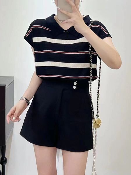 娃娃领短袖t恤女夏季小个子条纹冰丝针织衫爆款上衣薄款翻领体恤图片