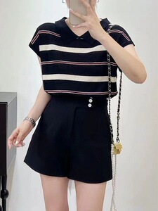 娃娃领短袖t恤女夏季小个子条纹冰丝针织衫爆款上衣薄款翻领体恤图片