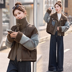 牛仔拼接短款羽绒服女2025冬季新款翻领加厚保暖羽绒外套，女装羽绒服，美沁