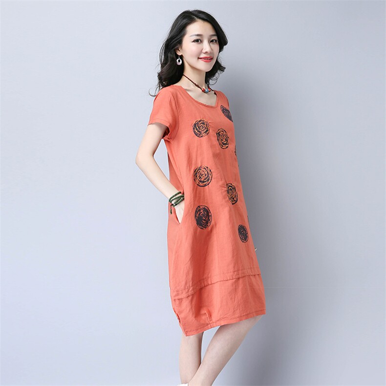 中长款印花口袋2021年夏季件宽松腰连衣裙抽象图案麻时尚,女装连衣裙,独衣靓