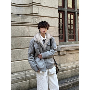 美式毛领座山雕棉服男款冬季加绒加厚针织衫毛衣外套短款保暖棉衣图片