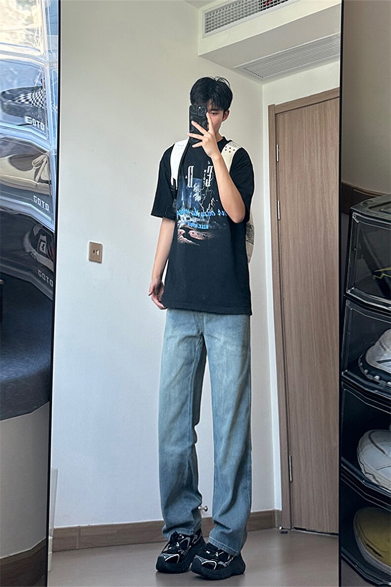 【敖瑞鹏代言】GENIOLAMODE美式星空纹牛仔裤男士秋季新款直筒裤,男装牛仔裤,电商A178