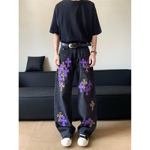 春夏十字架撞色拼皮牛仔裤男女高腰显瘦美式复古高级感直筒休闲裤图片