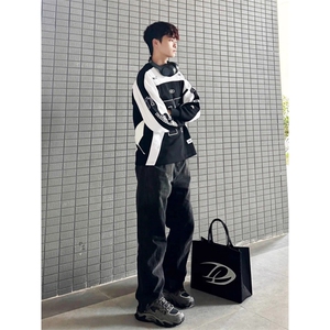 美式重磅硬挺机车服卫衣男秋撞色拼接无帽衫cleanfit赛车服外套图片