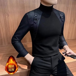 大数据现货加绒保暖打底衫精品轻奢原版欧货牛仔拼接男上衣图片