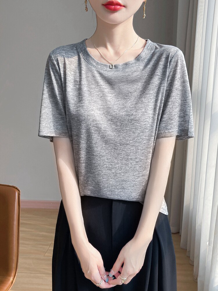 简约圆领百搭显瘦短袖内搭上衣女,针织衫/毛衣,绒宛羊绒