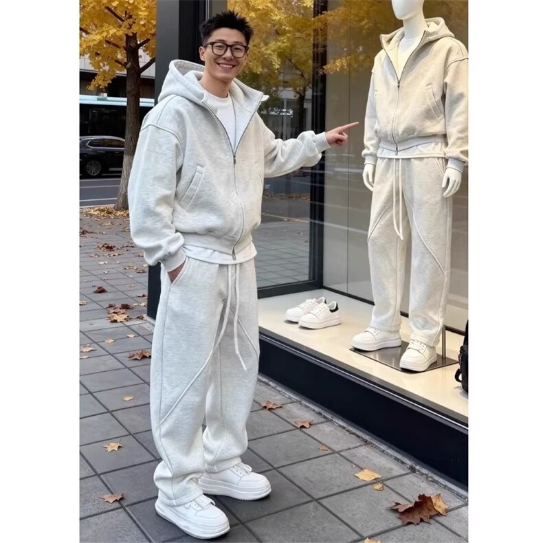 冬季新款时尚潮流百搭宽松加绒卫衣套装简约舒适外套弯刀裤两件套，男装休闲套装，星座1210-1