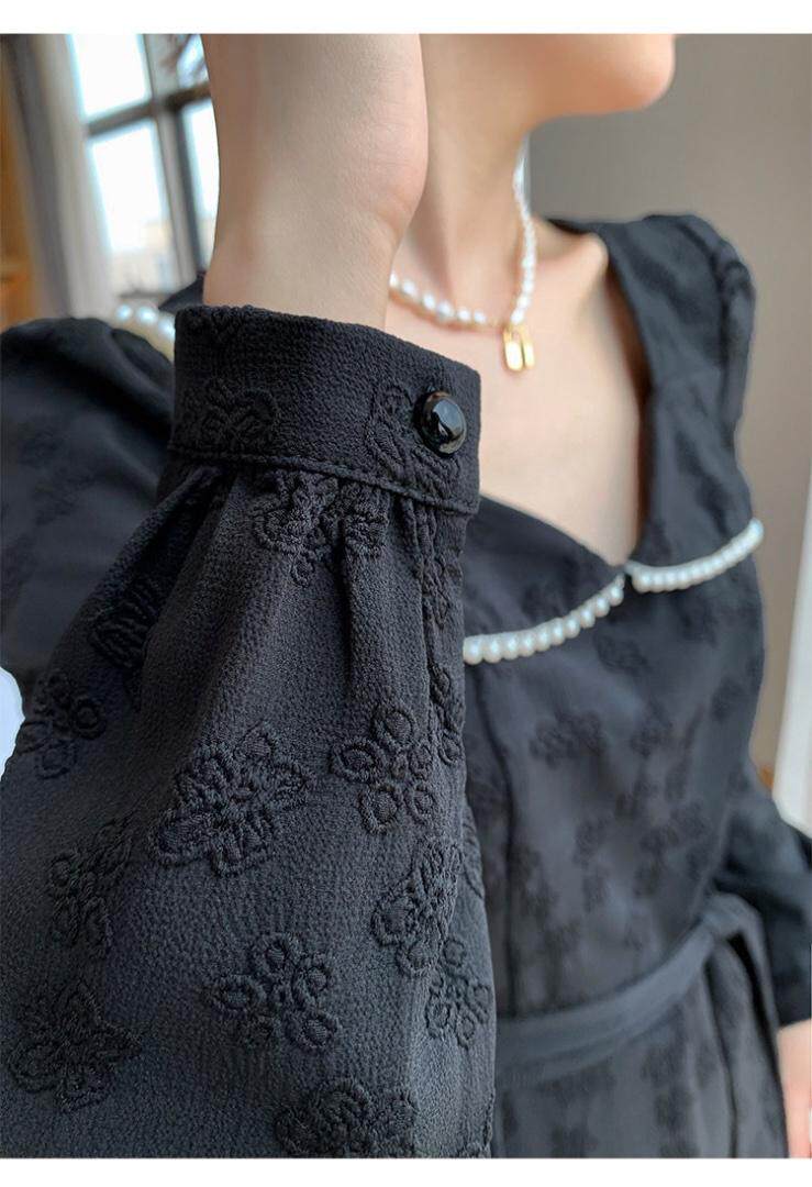 秋季新款韩版时尚修身淑女气质高雅珍珠领连衣裙，女装连衣裙，荷塘月色