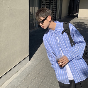 B413-1-DX846纯棉条纹长袖衬衫男女同款衬衣港风宽松上衣控79图片