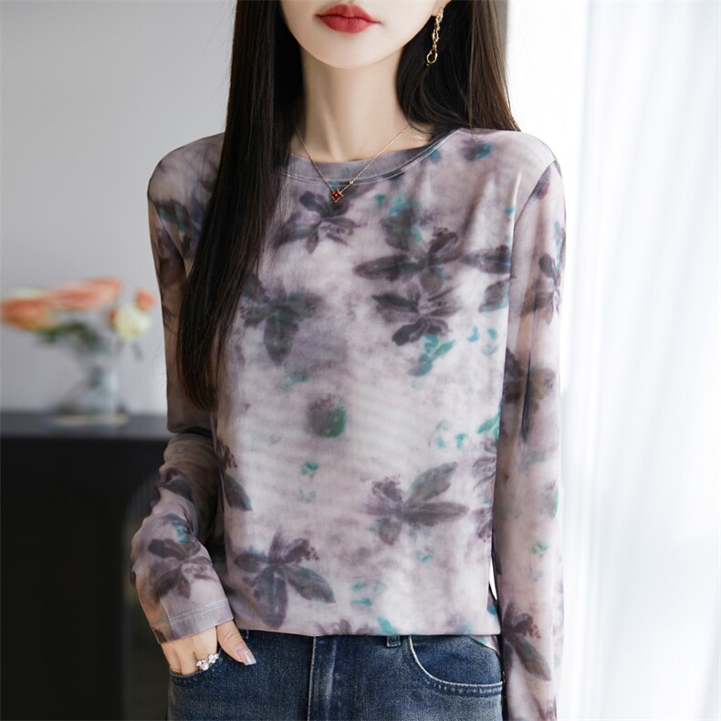 25春夏网纱拼接天丝长袖上衣女圆领印花打底衫宽松显瘦防晒衫T恤,女装T恤,大美人高端店