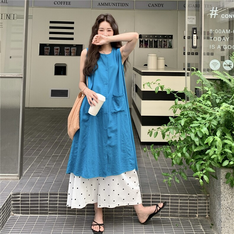盐甜系穿搭蓝色无袖上衣套装女夏新款轻薄显瘦波点阔腿裤两件套,女装套装/套裙,2C236