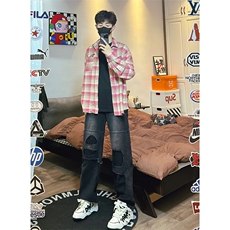 B221美式ins高街暗黑小众撞色破洞直筒牛仔裤LK23109-P65控88，男装牛仔裤，电商B221