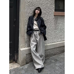 美式复古慵懒松弛宽松竖条纹百搭直筒裤男女休闲宽松阔腿拖地裤图片