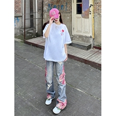 【网图】晚霞蕾丝拼接牛仔裤潮牌美式高街微喇裤子N0077CC-特P55，男装牛仔裤，星座1007（原301D）
