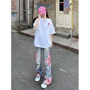 【网图】晚霞蕾丝拼接牛仔裤潮牌美式高街微喇裤子N0077CC-特P55图片