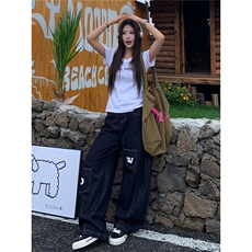 美式复古原色口袋字母弯刀牛仔裤男女款多口袋宽松休闲垂感阔腿裤，男装牛仔裤，星座813-3
