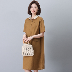 翻领棉麻中长款衬衫裙女夏季新款短袖裙子宽松显瘦气质遮肉连衣裙图片