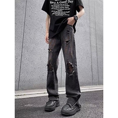 D1098-P48涂鸦破洞牛仔裤男夏季设计感裤高街痞帅美式直筒裤，男装牛仔裤，星座603-2