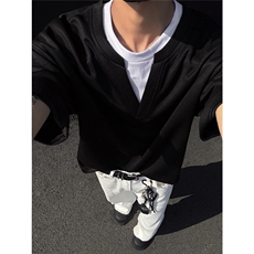 设计感螺纹假两件V领短袖T恤男款夏季宽松休闲松弛感内搭上衣服，男装T恤，电商C306-1