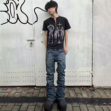 美式高街深蓝色牛仔裤男春秋季裤子韩版潮流弹力修身小脚长裤青年，男装牛仔裤，星座506A