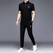 时尚刺绣运动套装男夏季薄款短袖上衣休闲长裤2件套POLO上衣图片