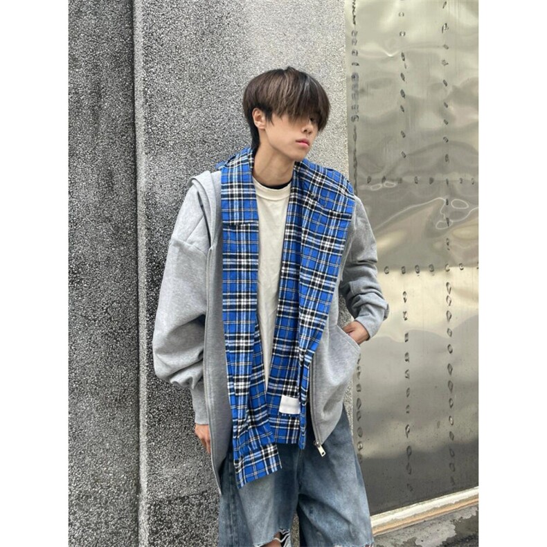 【有货】假两件格子拼接卫衣男款设计感连帽开衫外套JL97CC-特P68图片