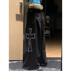 银莲YINLIAN美式复古烫钻十字架毛领可拆卸阔腿宽松裤百搭男女，男装休闲裤，星座506A