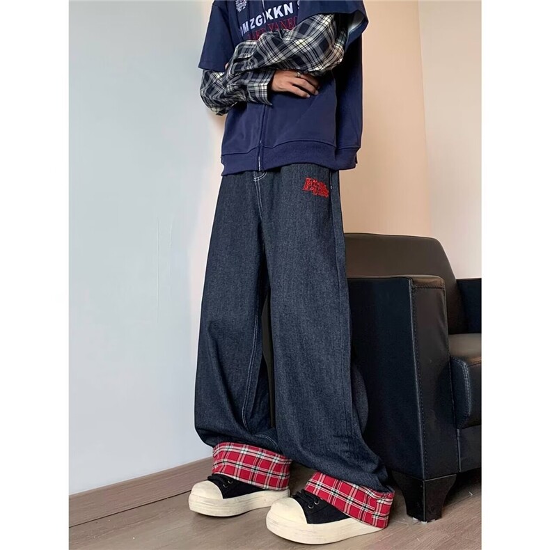 D6675-P50美式复古拼接牛仔裤男女同款夏季新款宽松直筒休闲裤潮,男装牛仔裤,星座603-2