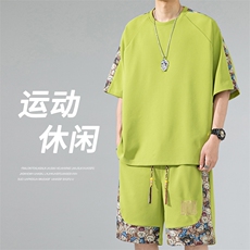 2024夏季新款日系无影墙大码短裤短袖T恤套装M-5XHQ23519-P60，男装牛仔裤，电商A022
