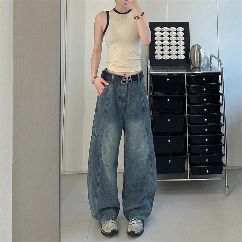 复古水洗扎染弯刀牛仔裤男士微喇叭宽松阔腿做旧解构拖地长裤直筒，男装牛仔裤，星座601-1