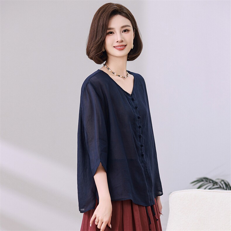 苎麻衬衫女夏季2025新款宽松遮肚子显瘦中年妈妈复古盘扣薄款上衣,女装衬衫,独衣靓