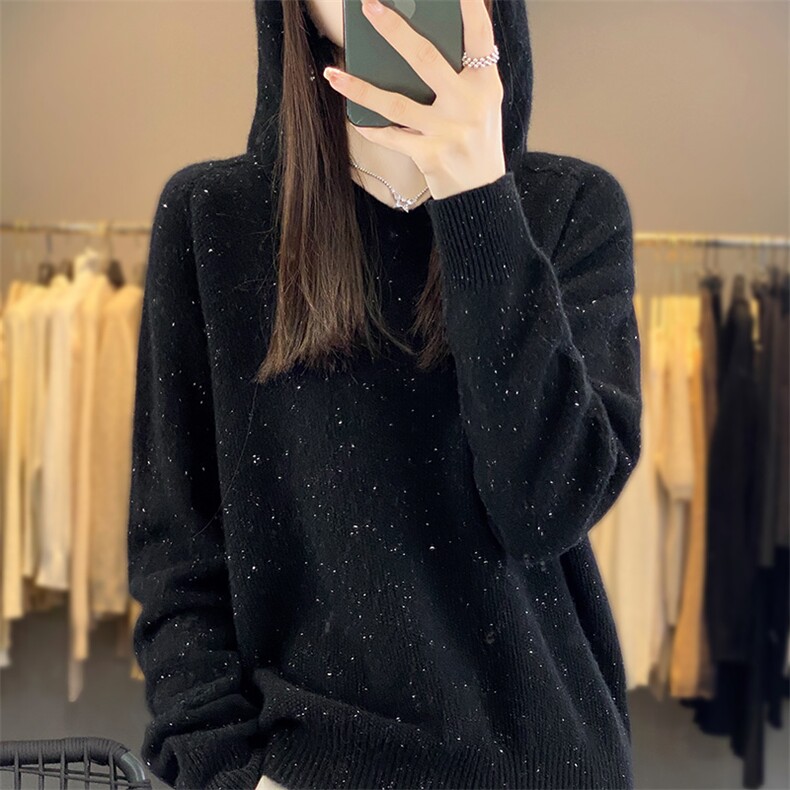 羊毛连帽针织衫女v领帽衫点子纱一线成衣气质减龄带帽毛衣宽松,女装羊毛衫,片语羊绒